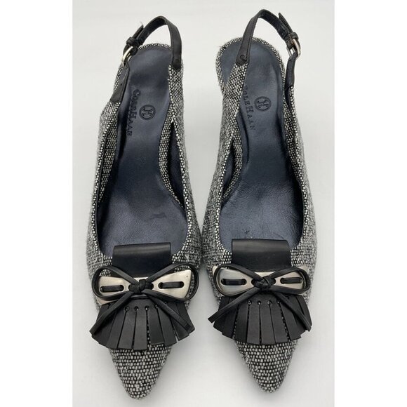 Cole Haan Black White Tweed Jessika Slingback 3in Pumps Leather Fringe 8B - Picture 1 of 13